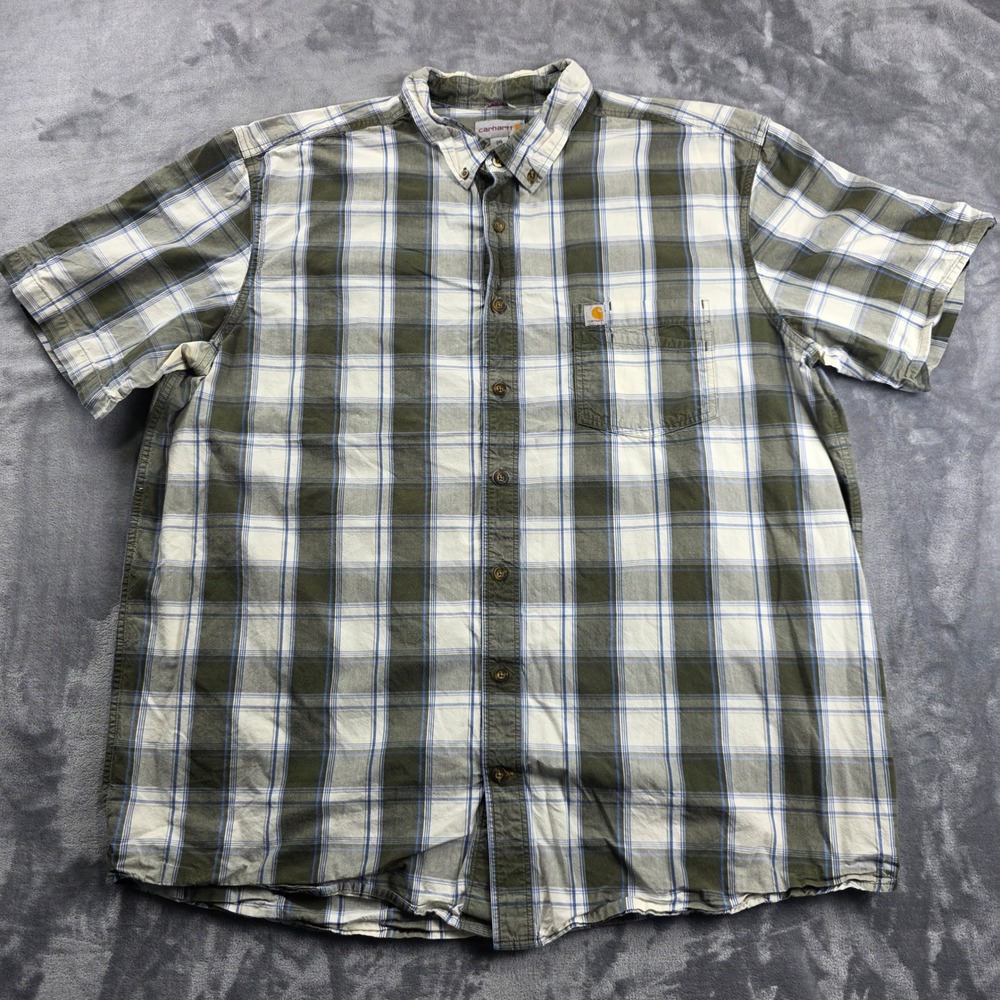 Carhartt Plaid Button Shirt Mens 2XL Tall Olive Green Short Sleeve Relaxed Fit